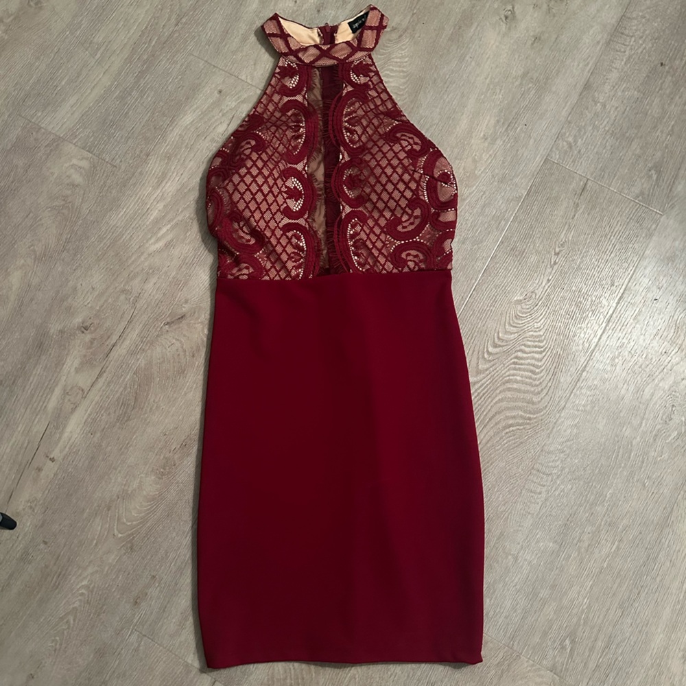 Burgundy Lace Halter Dress